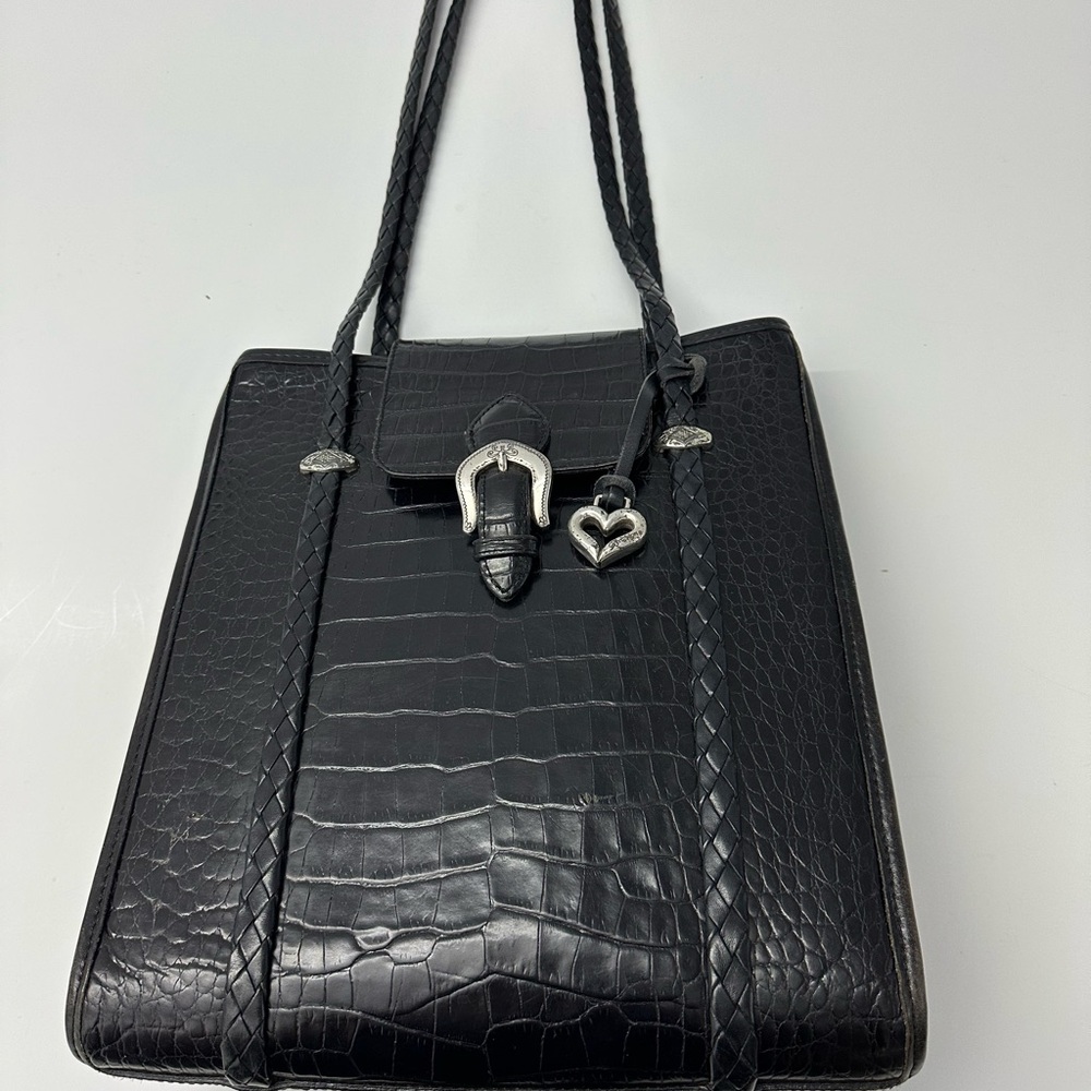 BRIGHTON Black Leather Embossed Crocodile Shoulder Bag